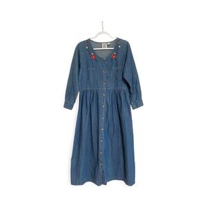 Vintage Embroidered Denim 90s Teacher Style Midi Dress Size Large